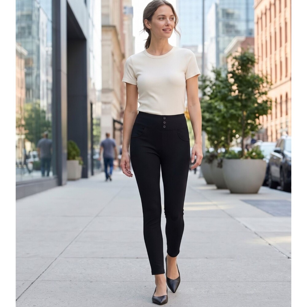 Halara Black Ponte High Waist Faux Button Front Pocket Pull On Skinny Pants Sz M